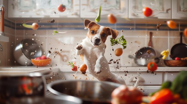 Perro enérgico saltando en la cocina IA generativa