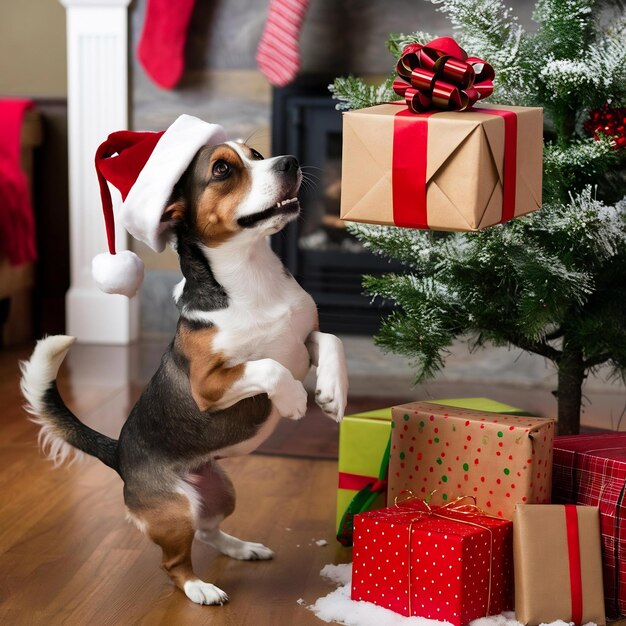 Foto perro enfocado con el regalo de navidad mirando hacia arriba