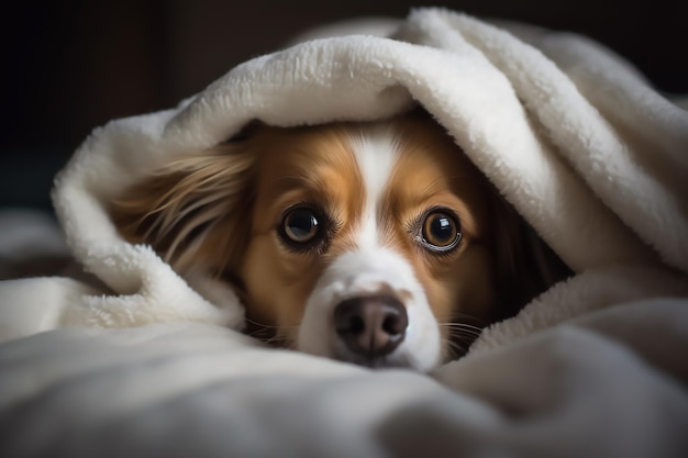 Un perro envuelto en una manta.