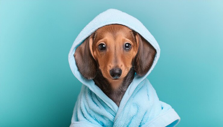 un perro envuelto en una toalla azul con un fondo azul