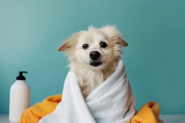 Un perro envuelto en una toalla con un fondo azul.