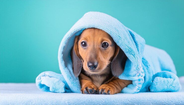 un perro envuelto en una toalla con una toalla azul alrededor de su cuello