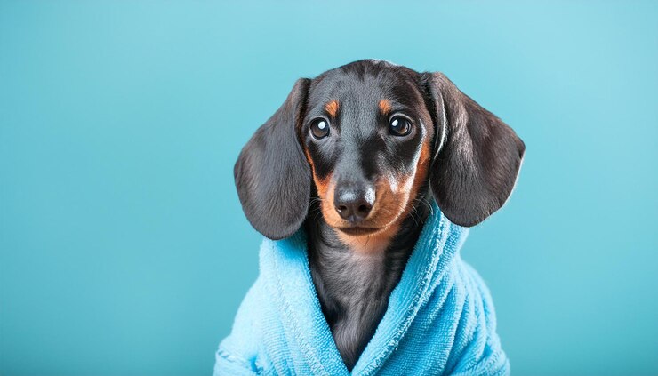 un perro envuelto en una toalla con una toalla azul alrededor de su cuello