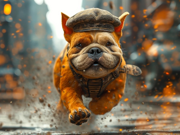 El perro es un bulldog con casco y impermeable corriendo por los charcos