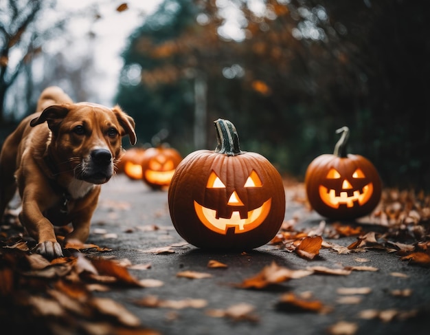 Un perro escabulléndose entre las hojas caídas cerca de las calabazas de Halloween