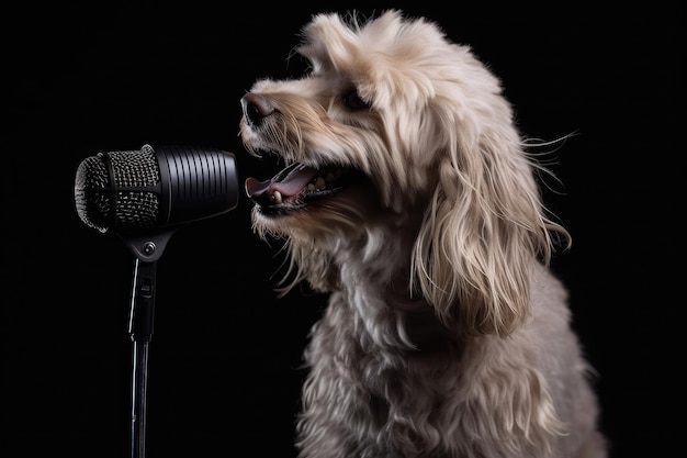 Perro en el escenario cantando en el micrófono con voces perfectas creadas con inteligencia artificial generativa