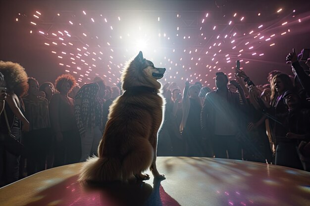 Perro en el escenario rodeado de fanáticos y luces intermitentes creadas con inteligencia artificial generativa