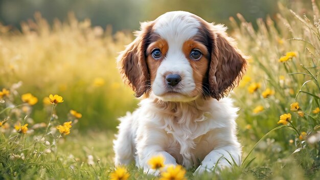 Perro de espaniel en la hierba entre las flores