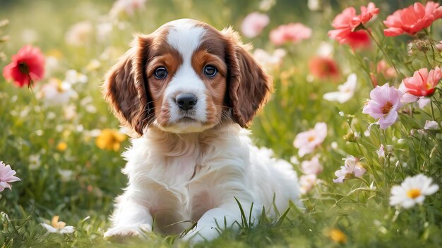 Perro de espaniel en la hierba entre las flores