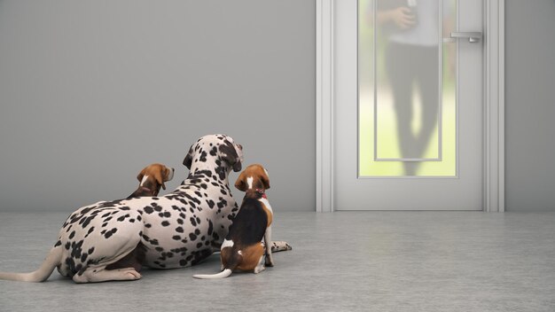 Perro esperando por la puerta principal render 3d