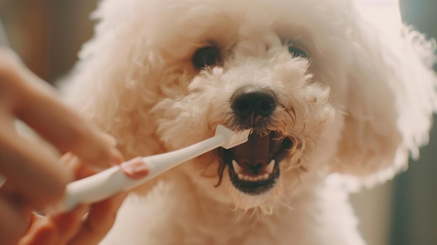 Un perro esponjoso disfruta del cuidado dental con un cepillo de dientes en una conmovedora rutina de salud