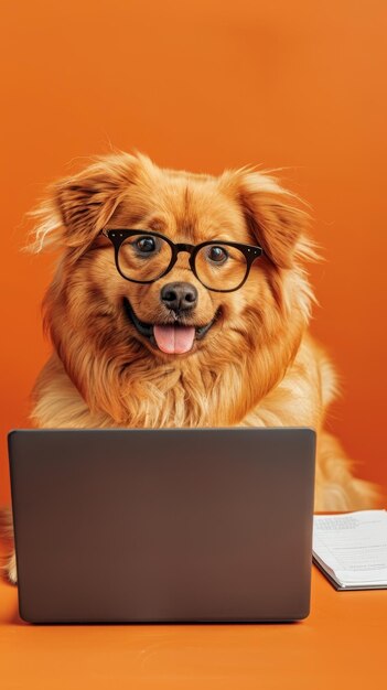 Foto un perro esponjoso con una mirada brillante y gafas sentado en una computadora portátil sobre un fondo naranja vibrante