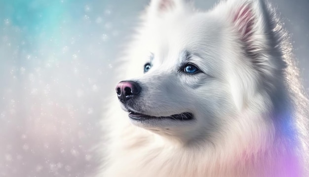 Perro esquimal americano Perro Tiro medio Blanco Rosa Azul Fantasía mágica Bokeh IA generativa