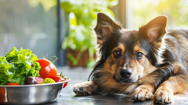 un perro está acostado al lado de un tazón de verduras y un tazó de tomates