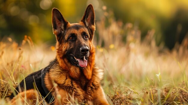 un perro está acostado en la hierba con un fondo amarillo