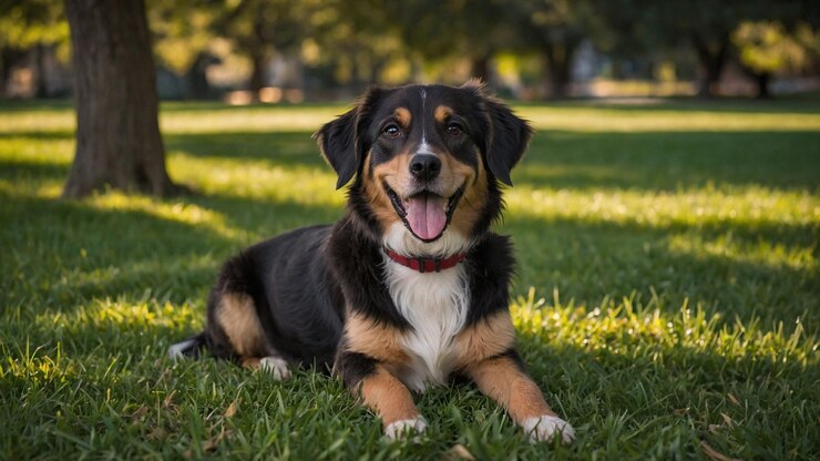 un perro está acostado en la hierba con el sol brillando sobre él