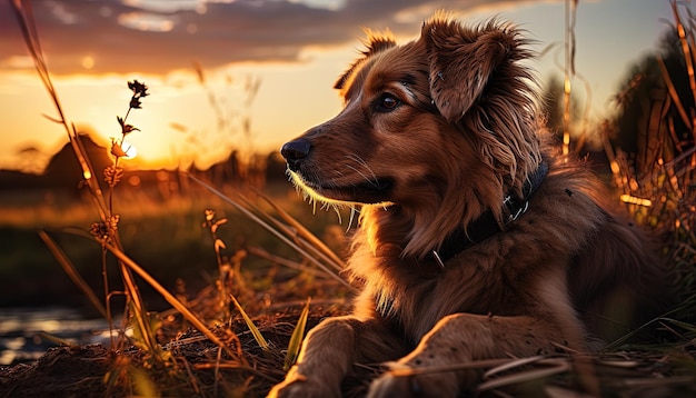 un perro está acostado en la hierba con el sol detrás de él