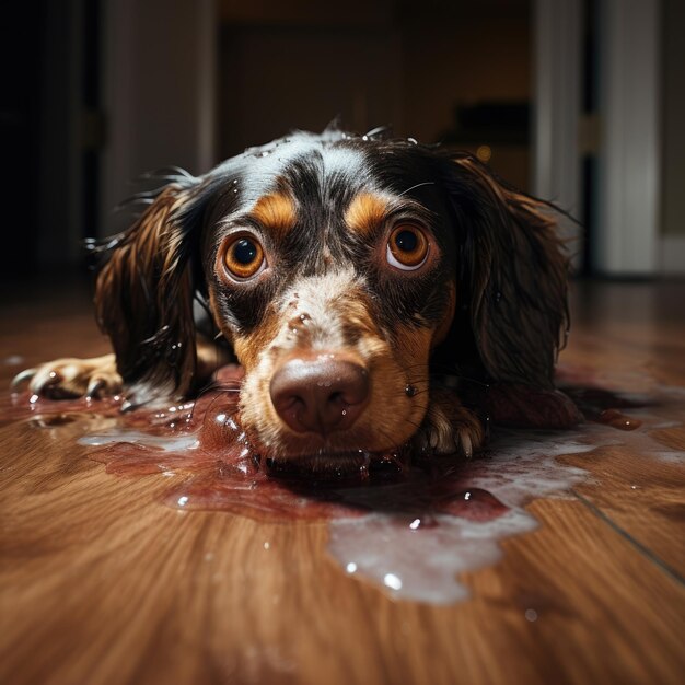 un perro está acostado en el suelo con grandes ojos derritiendo la cera ai generada