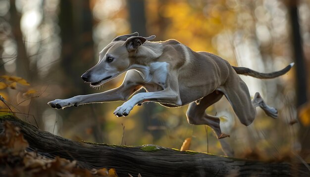 un perro está en el aire con un palo en la boca