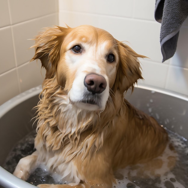 Un perro se está bañando en una bañera con agua.