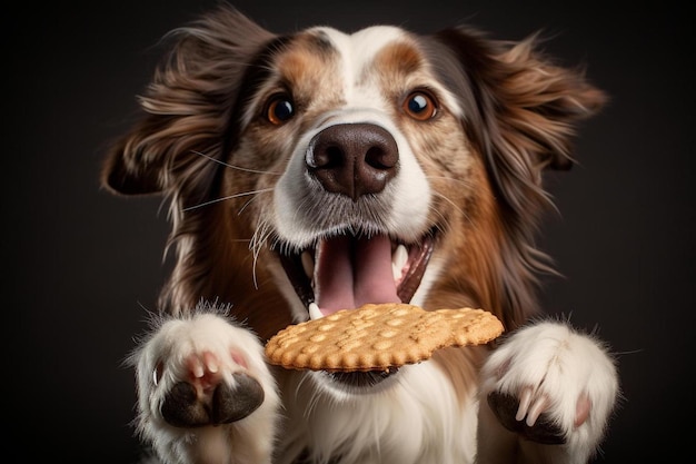 Un perro está comiendo una galleta con la lengua fuera.