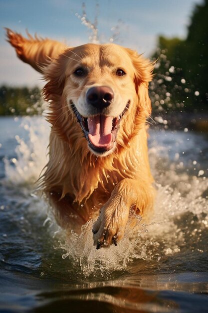 un perro está corriendo en el agua con la lengua fuera