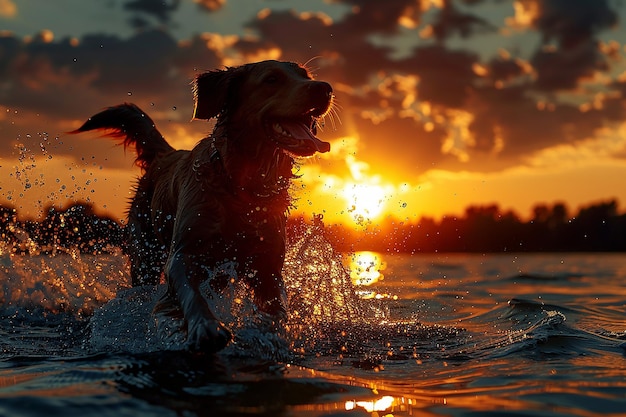 un perro está corriendo en el agua con el sol detrás de él