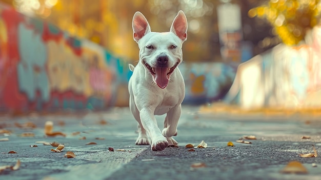 un perro está corriendo por la calle con una pared de graffiti detrás de él