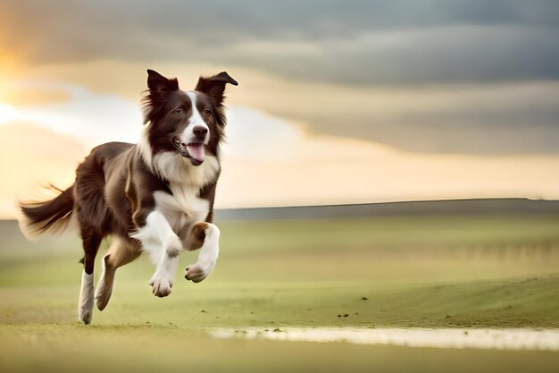 Un perro está corriendo en un campo con el sol detrás de él.