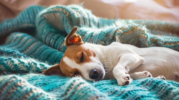 Un perro está durmiendo en una manta azul