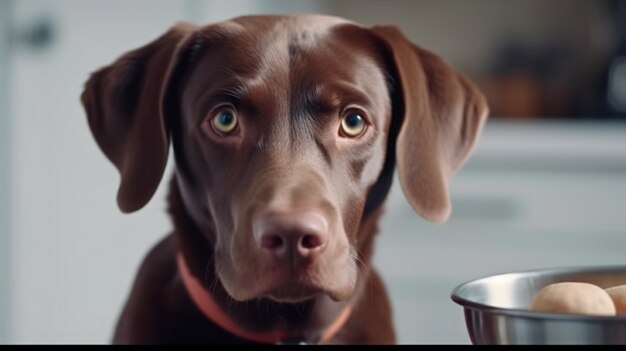 El perro está esperando comida en la cocina sus ojos tristes en su boca un lindo labrador IA generativa