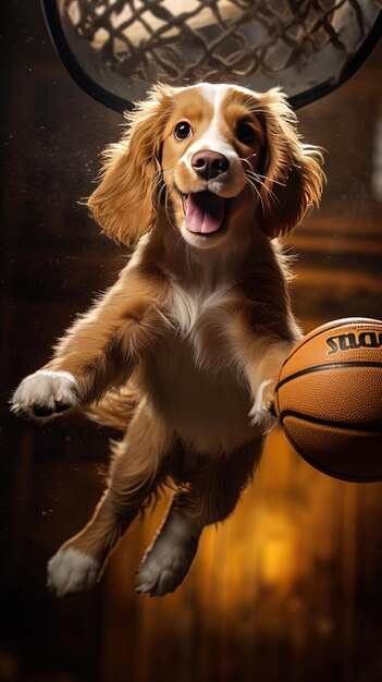 un perro está jugando con una pelota de baloncesto y la palabra w