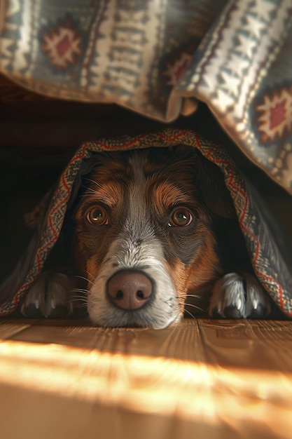 un perro está bajo una manta con una manta en él