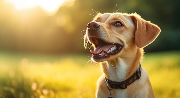 un perro está mirando hacia arriba en un fondo naranja