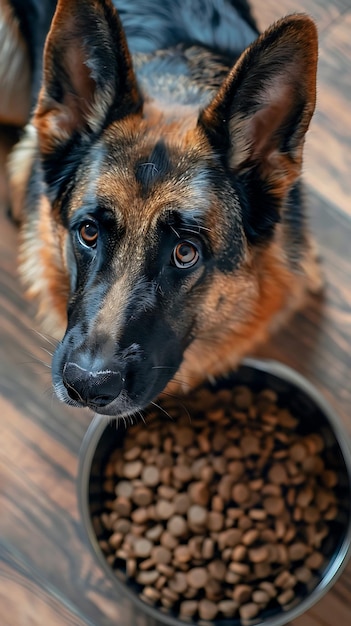 un perro está mirando un cuenco de comida para perros