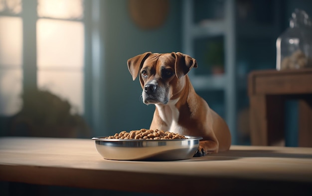 Un perro está mirando un plato de cacahuetes.