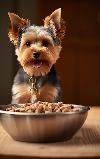 Un perro está mirando un plato de cacahuetes.