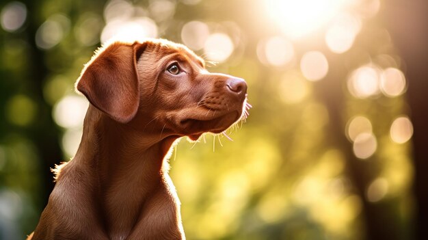 Un perro está mirando hacia el sol.