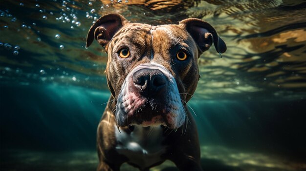 Un perro está nadando en el agua con el sol brillando en su cara.