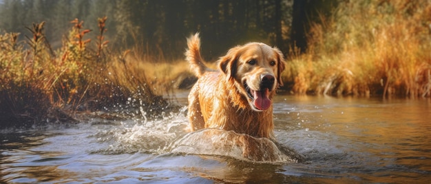 Un perro está nadando en un estanque con la palabra dorado.