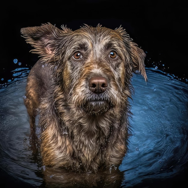 Un perro está parado en el agua y está mirando a la cámara.