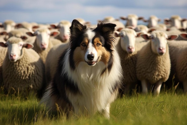 Un perro está parado en un campo de ovejas con un rebaño de ovejas detrás de él.