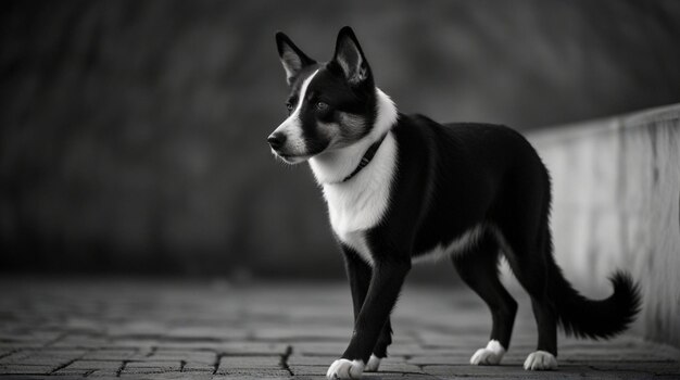 un perro está de pie en una acera con una imagen en blanco y negro de un perro