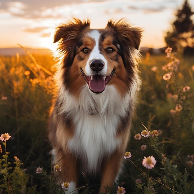 un perro está de pie en un campo de flores con el sol detrás de él