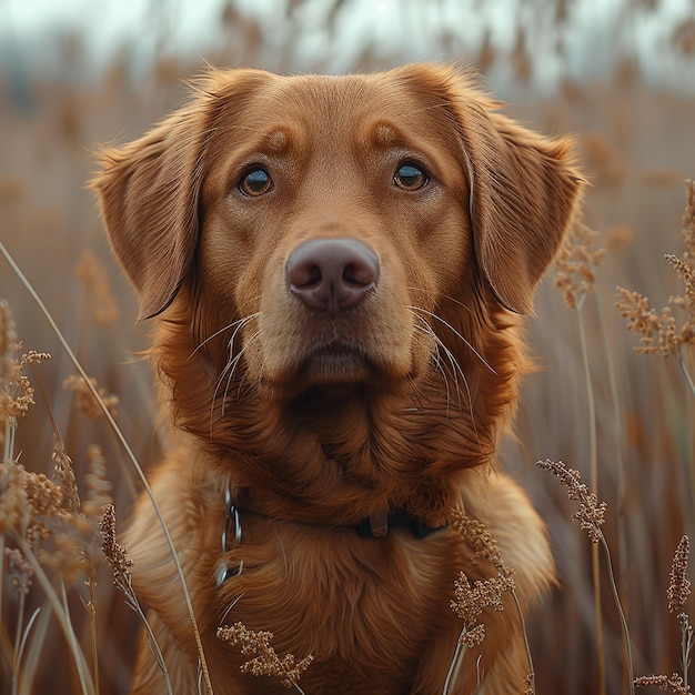 un perro está de pie en un campo de hierba alta