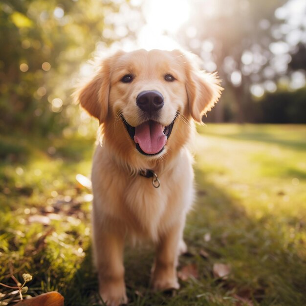 un perro está de pie en la hierba con la lengua fuera