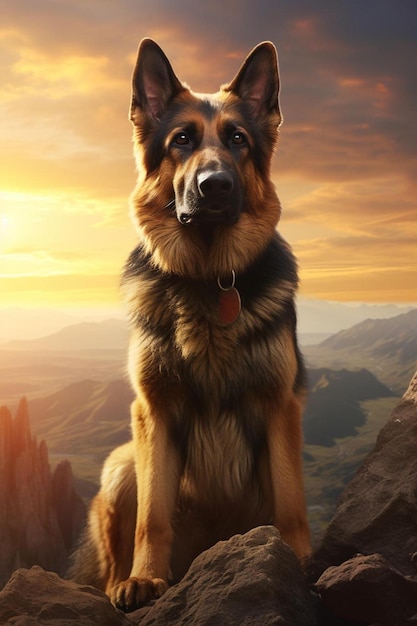 un perro está de pie en una montaña con la puesta de sol detrás de él.