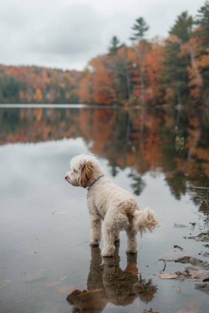 un perro está de pie en una roca frente a un lago con follaje de otoño en el fondo