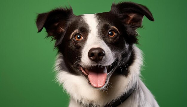 un perro está posando para una foto con un fondo verde