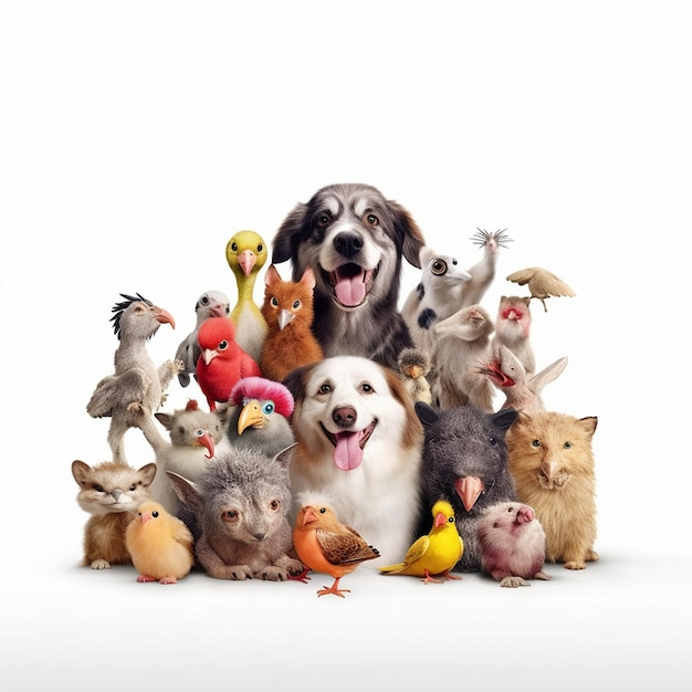 un perro está rodeado de muchos pájaros pequeños y un perro con un montón de pájaros.